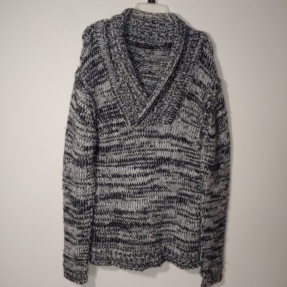 ProjekRaw Marled Wool Blend Shawl Neck Long Sleeves Knit Sweater Size L Grey